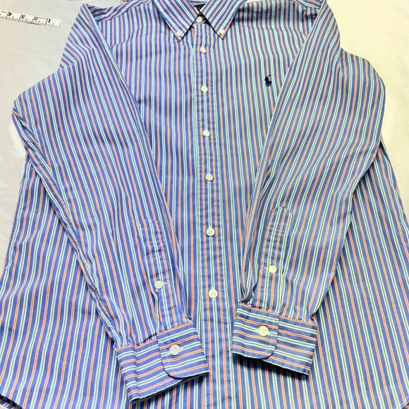 Polo Ralph Lauren Men's Medium Button Up Purple Orange Bar Stripe 120's Poplin - Picture 11 of 12